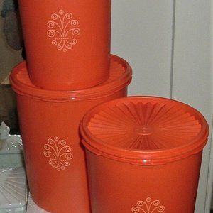 Vintage 1970s Tupperware -Orange 3-Pc Canister Set
